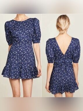 LoveShackFancy Eventide Blue Lena Floral 🌸 Cotton Mini Dress women’s Size L
